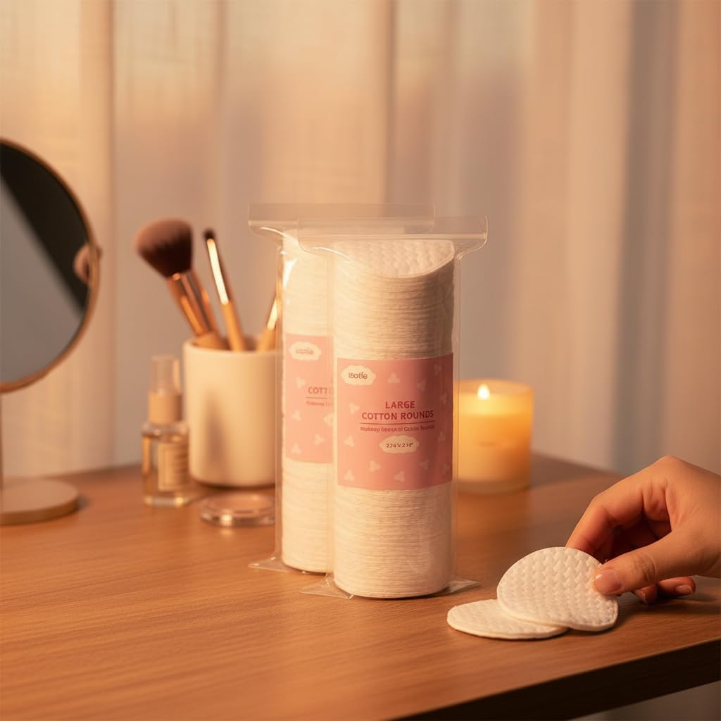 ICOTLE Large Cotton Rounds (400 Count), 100% Pure Cotton Pads, Clover Textured Design, Soft and Lint-Free, for Removing Makeup, Nail Polish, and Cleansing Face