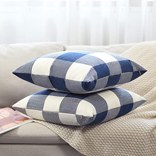 Tosewever Set of 2 Blue & White Buffalo Check Pillow Covers - 20" x 20" Cotton Linen Cushion Cases for Farmhouse Home Decor