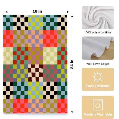 Colorful Checkered Hand Towels - 100% Cotton, 16x24 Inch Absorbent Kitchen & Bathroom Towels