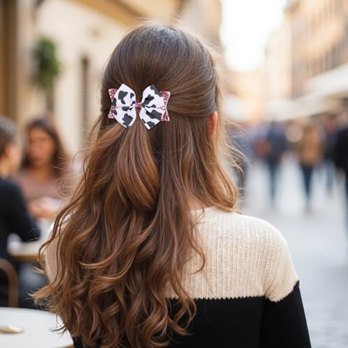 Cow Print Hair Bows Clips - 2 Pack Pink Grosgrain for Girls