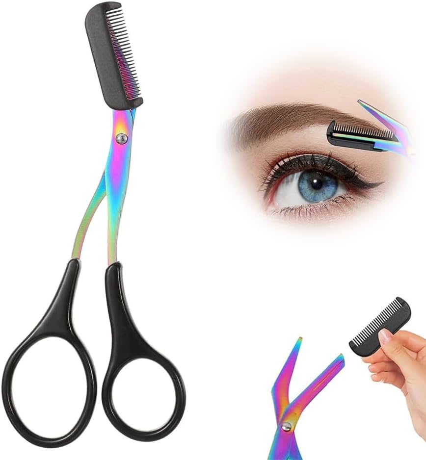 Professional Eyebrow Trimmer Scissors - 2-in-1 Stainless Steel Cutter & Comb Tool for Men & Women | Pink