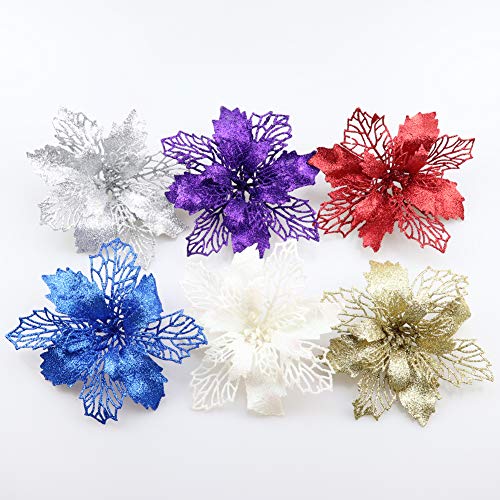 Sopcone 12 Pack Glitter Poinsettia Flowers for Christmas Tree Decorations - 6.2" Diameter (Purple)