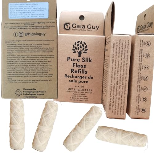 Gaia Guy Biodegradable Silk Dental Floss Refill - Eco-Friendly, Unflavored, 4 x 33yds