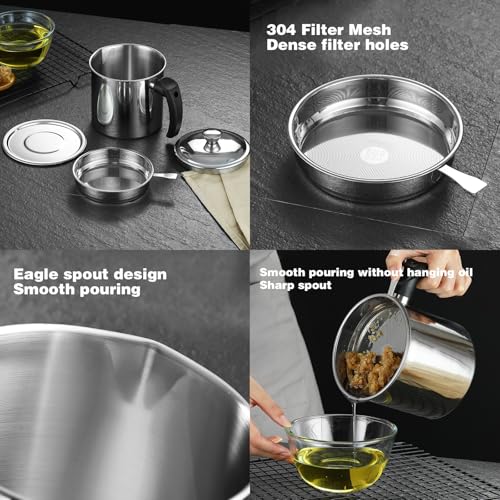 Stainless Steel Grease Container with Strainer & Lid - 1.3L