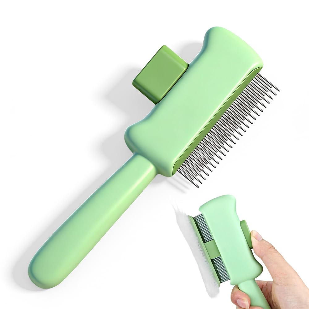 Cat Self Cleaning Pet Hair Removal Comb, Cat Grooming Brush With Long Short Stainless Steel Metal Teeth, Pet Grooming Brush For Home, Portable Cat And Dog Grooming Comb For Travel (Green)
