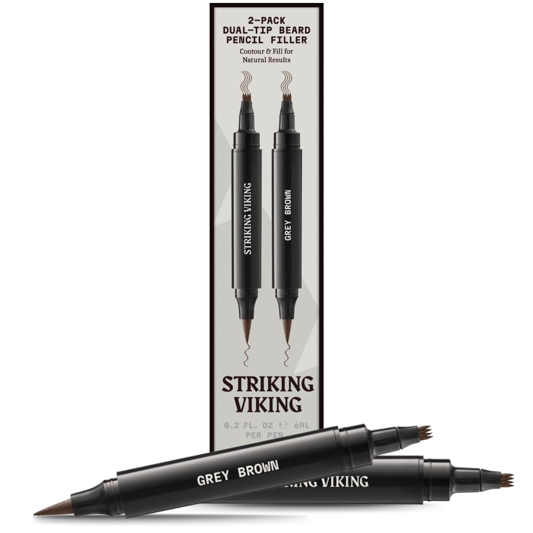 Striking Viking Beard Pencil Filler For Men - Grey Brown, 2 Pens Pack - Temporary Beard Dye - Waterproof Sweatproof Long Wear Beard Filler Pen for Touchups & Gap Contouring - Enhances Facial Hair