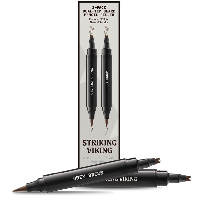 Striking Viking Beard Pencil Filler For Men - Grey Brown, 2 Pens Pack - Temporary Beard Dye - Waterproof Sweatproof Long Wear Beard Filler Pen for Touchups & Gap Contouring - Enhances Facial Hair