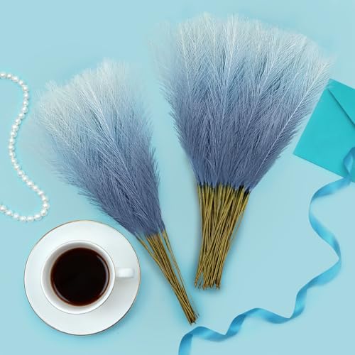 Light Blue Pampas Grass Decor - 50 Pcs 21.6" Faux Flower Stems for Boho Home Decor
