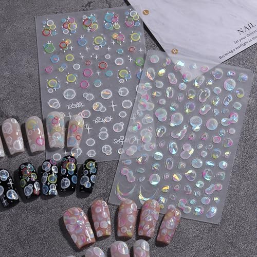 Summer Bubble Holographic Nail Stickers - 2 Sheets Self-Adhesive DIY Manicure