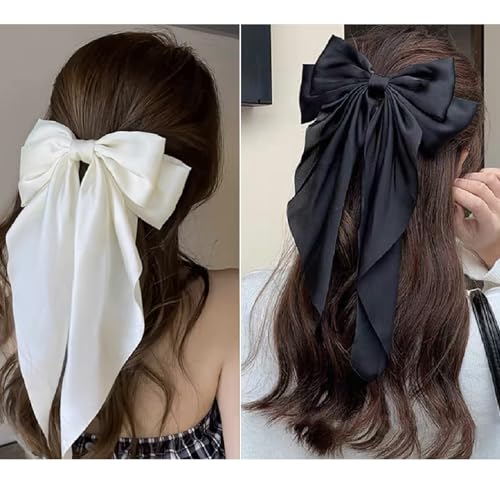 Vintage Hair Bows for Women - 8 PCS Satin Bow Clips with Long Tails