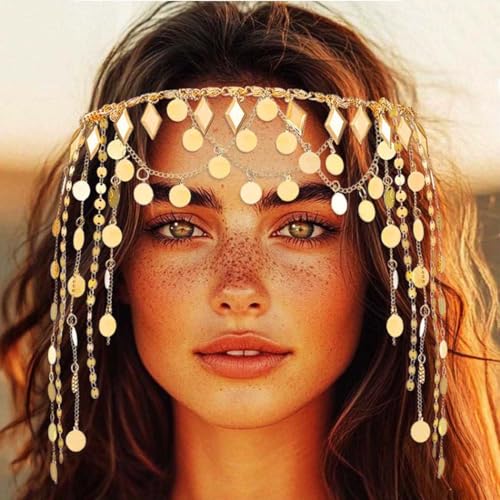 Kilshye Gold Sequin Tassel Head Chain Festival Costume Hair Jewelry