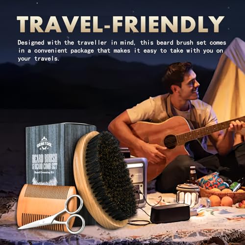 Men's Boar Bristle Beard Brush Set with Wooden Comb & Scissors - Travel Grooming Kit