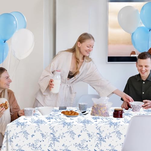 Blue Floral Tablecloths - 4 Pack, Disposable & Waterproof - 108x54 in