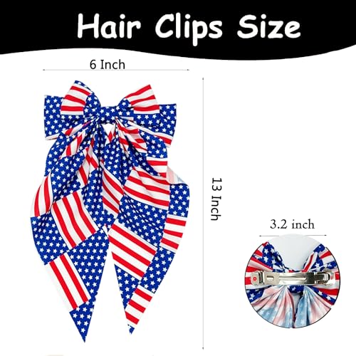 4th of July Oversized Hair Bows, American Flag Ribbon Clips for Women & Girls