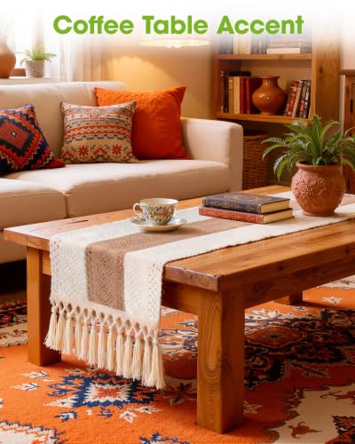 Boho Table Runner 12x60 Inch with Tassels - Brown Linen Decor