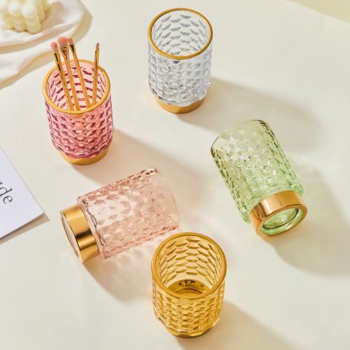 Pink Multifunctional Glass Brush Holder & Toothbrush Cup with Gold Base
