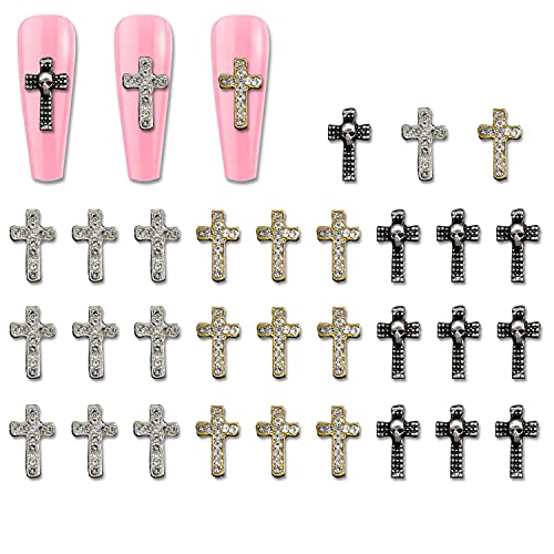 30pcs Cross Nail Charms with Rhinestones for Nail Art & Jewelry Making