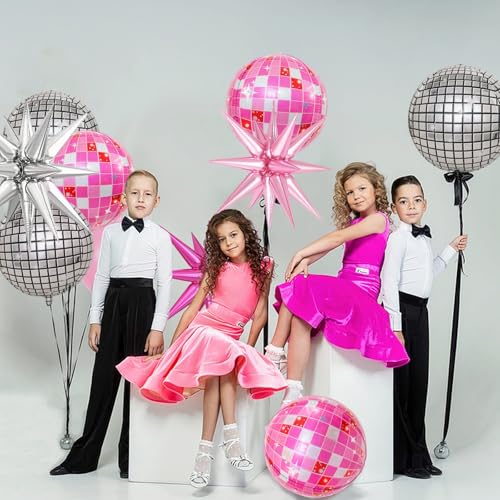 10pcs Disco Ball Party Balloons - Pink & Silver Mylar Decorations