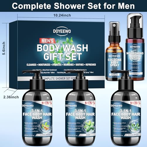 Doyeewo Men's 3-in-1 Body Wash Set with Lotion & Spray, 6 Pack - Sandalwood, Eucalyptus, Mint Scents, Travel Size