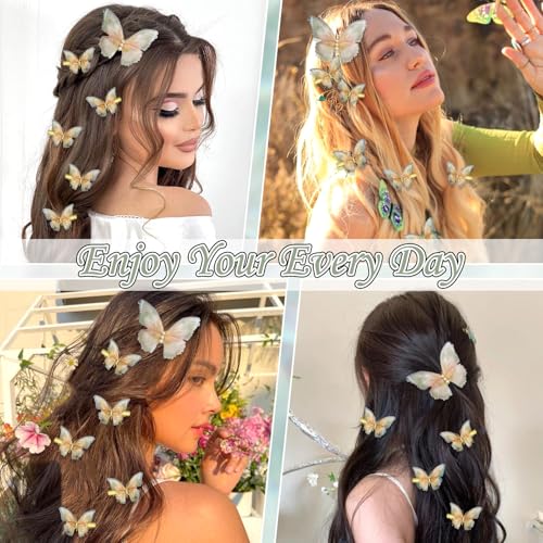 SAWINDA Gold Butterfly Hair Clips Set – 8pcs Tulle Rhinestone Hair Barrettes for Girls & Women, Moving Wings, Fairy Accessories