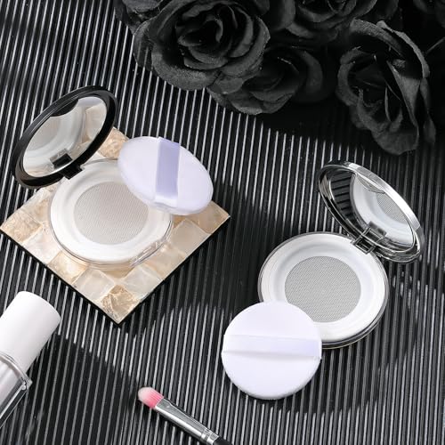 2 Pcs Empty Loose Powder Container Set with Mirror and Puff, Portable Travel