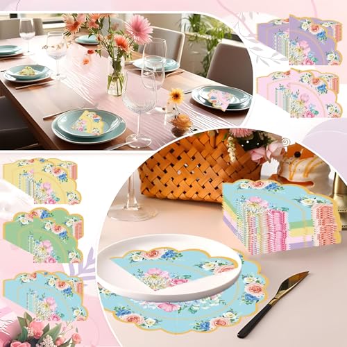 Floral Tea Party Napkins - 100 Pack Vintage Scalloped Paper Napkins