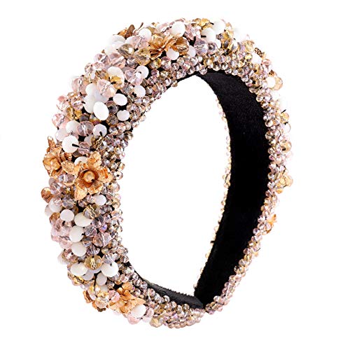 Pink Crystal Beaded Headband for Women - Handmade Velvet Hairband with Gold Flowers