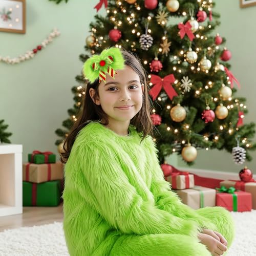 NFAMRZCAR 2-Pack Green Furry Christmas Hair Bow Clips for Women Girls