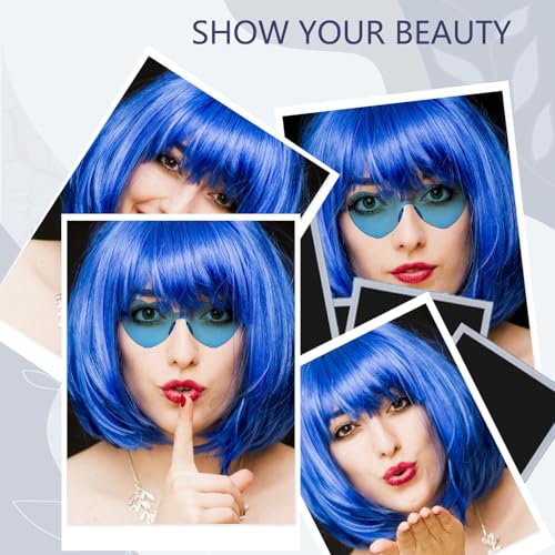 MIUSKATL 12 Inch Blue Short Bob Wig with Bangs – Elastic Fit Cosplay Hair