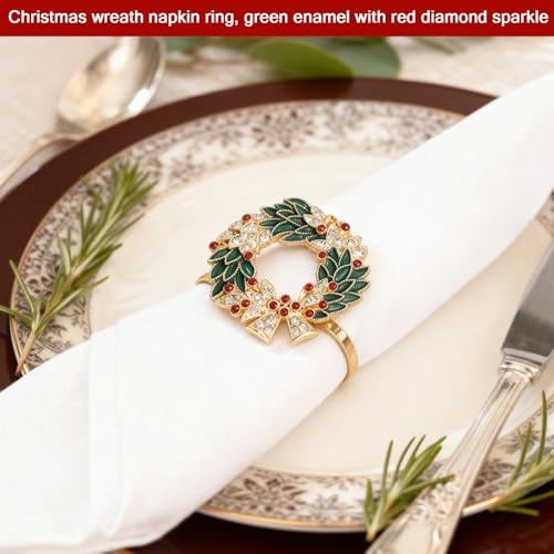 Christmas Wreath Napkin Rings Set of 8 - Gold Alloy & Enamel