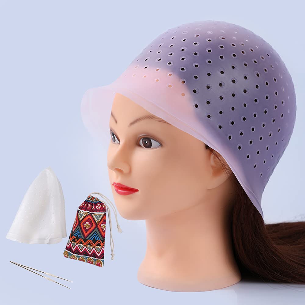 Highlight Cap - Reusable Silicone Hair Dye Cap with Open Holes | 2 Sets in White & Blue for Salon or Home Use