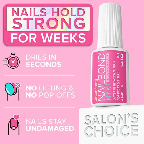 Super Strong Nail Glue for Press On Nails, Nail Tips & Acrylic Nails (8ml) NYK1 NailBond Brush On Glue for Press Ons, Tips & Acrylics - Long Lasting, Maximum Strength, Mess-Free Application