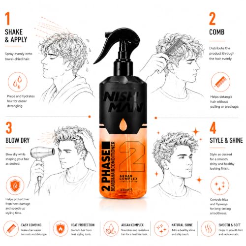 NISHMAN 2-Phase Argan Hair & Beard Conditioner Spray 400ml – Deep Nourishing & Shine