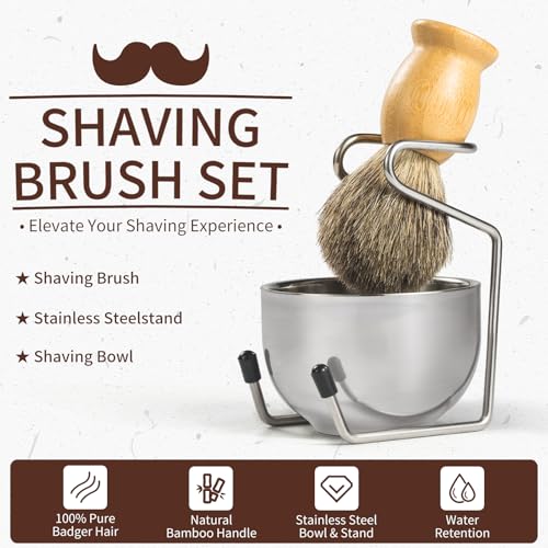 SAMEBUTECO Shaving Brush Set for Men-Pure Badger Hair Brush with Bamboo Handle, Stainless Steel Stand & Bowl, Wet Shaving Kit for Smooth Close Shave, Gift Set