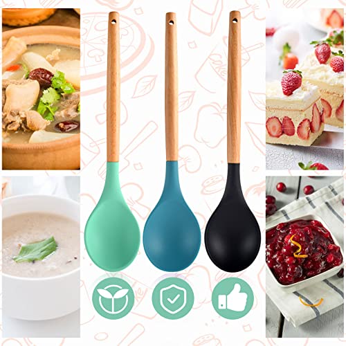 3-Piece Silicone Mixing Spoons Set with Wooden Handles - Heat-Resistant
