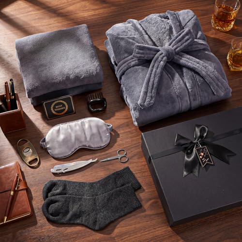9 Pcs Birthday Gifts for Men Beard Care Set for Him Father's Gifts Basket Kit Get Well Soon Gift Basket with Hooded Robe, Long Towel, Socks for Dad Grandpa Husband Boyfriend(Dark Grey)