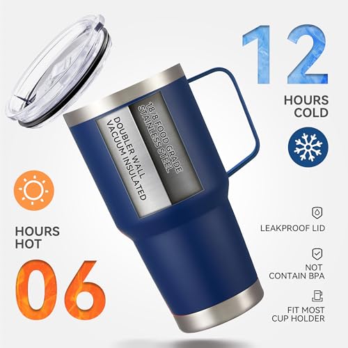 30 oz Stainless Steel Tumbler with Handle & Lid - Insulated, Leak-Proof