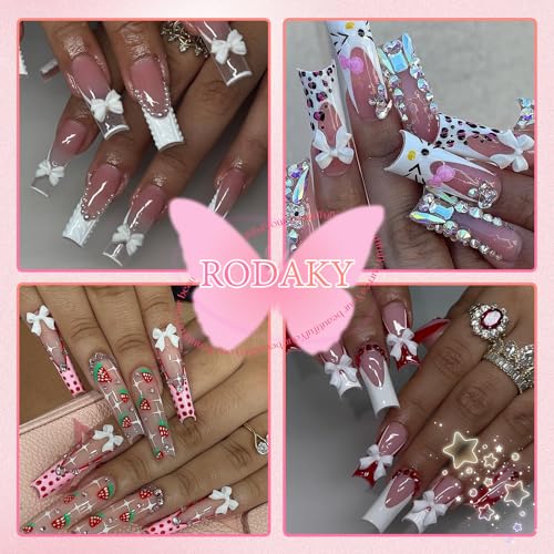RODAKY White Bow Knot Nail Charms & Flatback Pearls 300Pcs for Nail Art DIY
