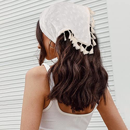 AWAYTR Floral Tassels Hair Scarf Headband - 2PCS Cotton Bandana (Navy Blue+White)