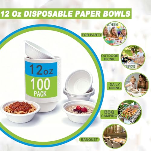 12oz Compostable Disposable Bowls - 100 Pack, Heavy Duty, Eco-Friendly