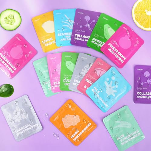 KONEUK 24 Pack Face Masks Set - Hydrating, Soothing Skincare with 12 Types - B-24 Pack