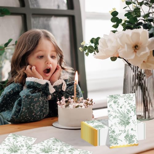 80 Pcs Green Floral Disposable Napkins with Gold Foil - Vintage Style