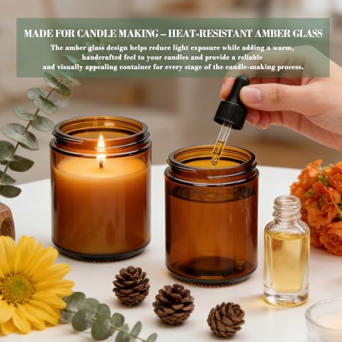 Encheng 8 oz Amber Glass Candle Jars with Black Metal Lids - 12 Pack