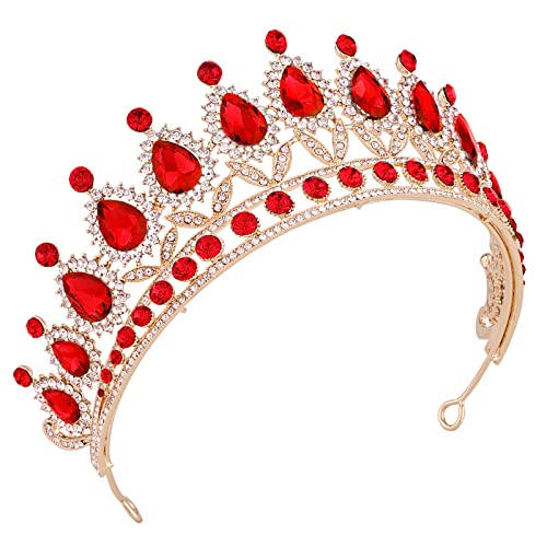 Vofler Gold-Red Queen of Hearts Costume Crown with Ruby Rhinestones for Adults Women Halloween Cosplay