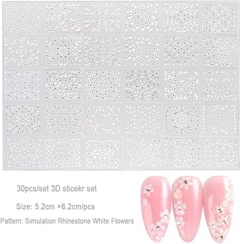 White Flower Nail Art Stickers - 30 Sheets Self-Adhesive 3D Flower Decals for Nails & Crafts