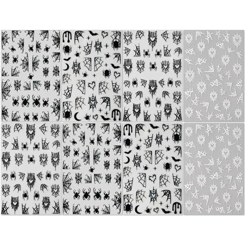 IDDFEVE Halloween Spider Web Nail Stickers – 8 Sheets Self-Adhesive Black & White 3D Nail Art Decals