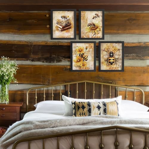 Vintage Bumble Bee & Sunflower Floral Wall Art Prints - 8x10 Unframed