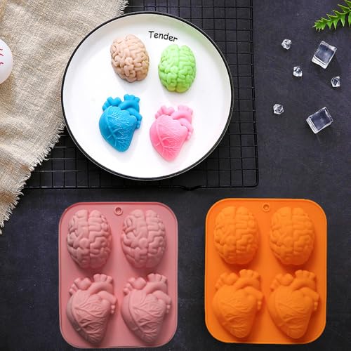 4-Piece Silicone Heart and Brain Molds for Halloween Desserts