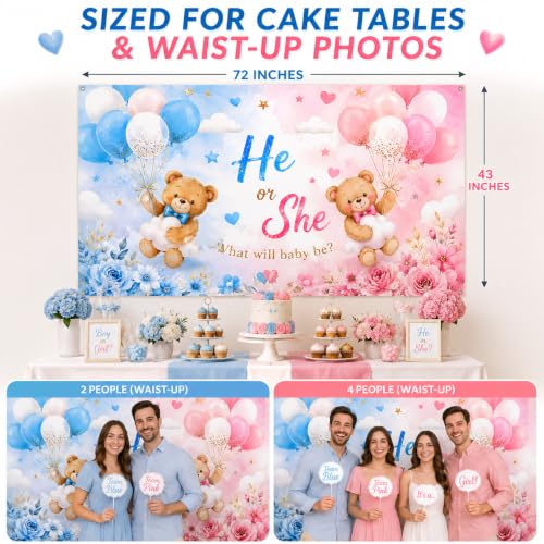 Gender Reveal Backdrop - Teddy Bear Banner, 72x43 in, Pink & Blue