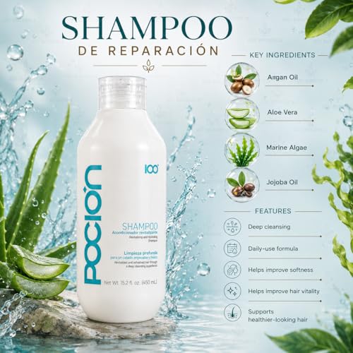 Poci?n Hair Care Bundle with Shampoo (Revitalizing Shampoo), Tratamiento (Repair Conditioner Treatment), Poci?n Brillo Infinito B8 Hair Oil & Scalp Massage Brush | 4-Piece Hair Care Set